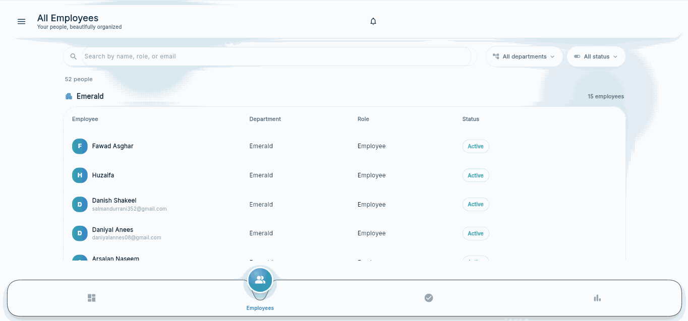 Emmas HRM employee directory with search and department filters